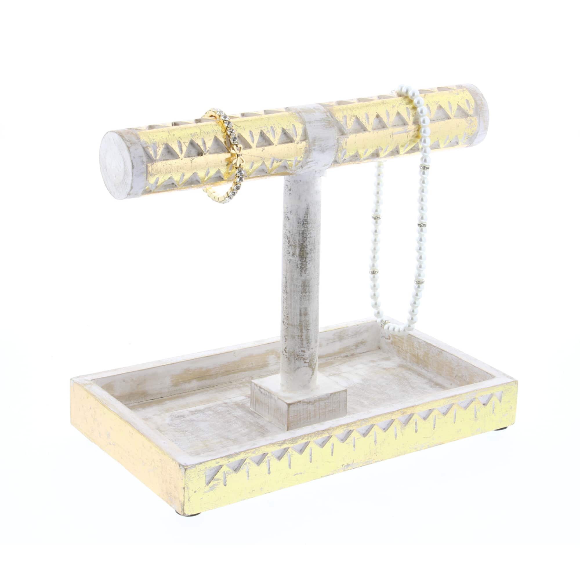 Natural Themed Gold and White Wood Jewelry Stand, 10" x 12" x 7"